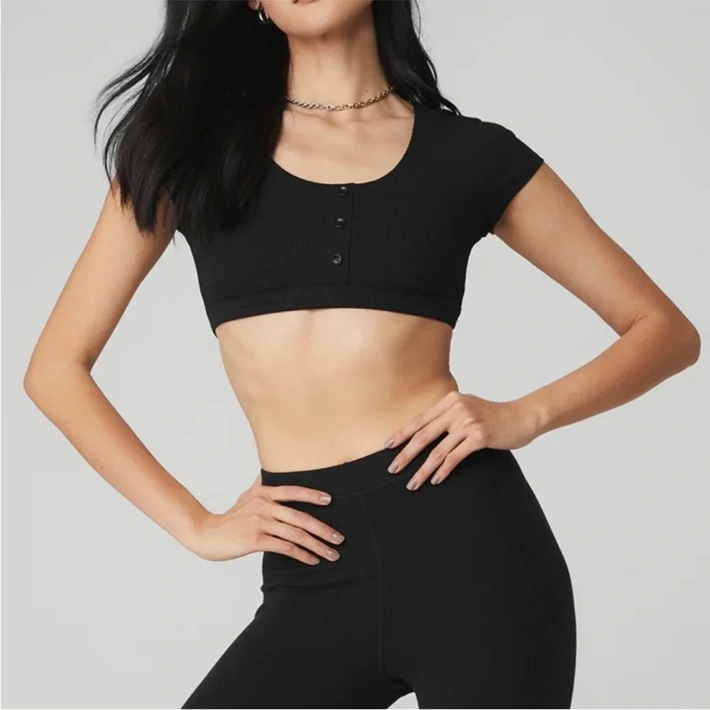 ALO Yoga Blissful Henley Bra Top in Black